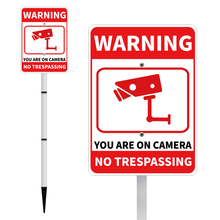 Load image into Gallery viewer, No Trespassing Sign For Private Property, Video Surveillance Street Sign, Security Yard Signs metal, Aluminum Home Security Sign with Stakes, Camera, Beware, 10x7 Inch&quot;