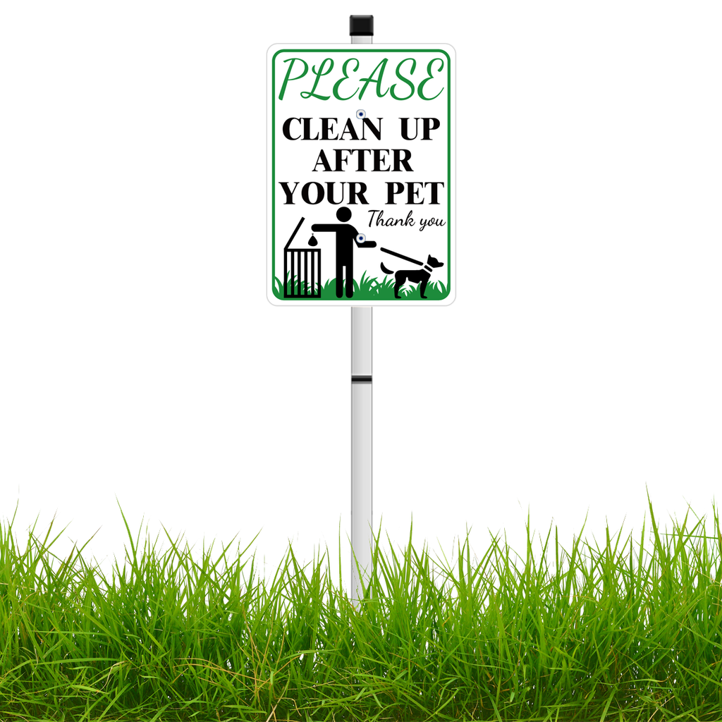 CLEAN UP AFTER OUR PETNO POOP Reflective Yard Warning Sign, Aluminum outdoor Security Sign with Stakes, Anti-UV, Rustproof, Waterproof, 9*7inch